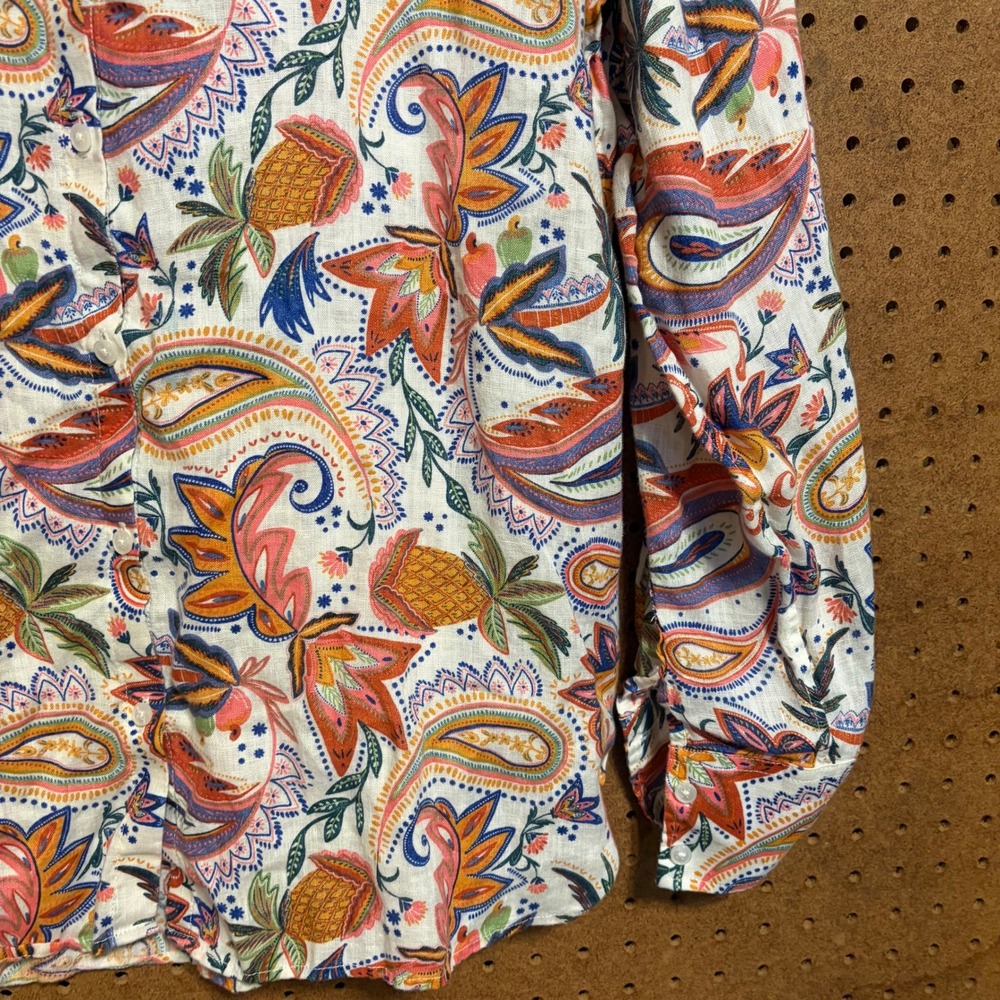 Boden Linen Button Down Shirt 8 White Orange Paisley Pineapple Tropical Sienna - Picture 6 of 6